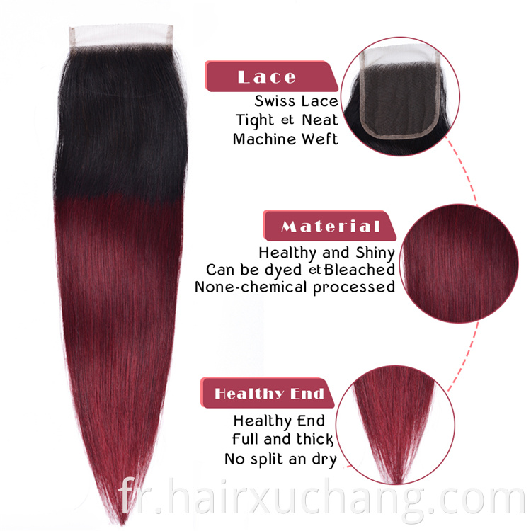 Prix ​​bon marché cru indien tissage couleur 1b / 99J extensions de cheveux paquets de cheveux humains vierges crus avec fermeture